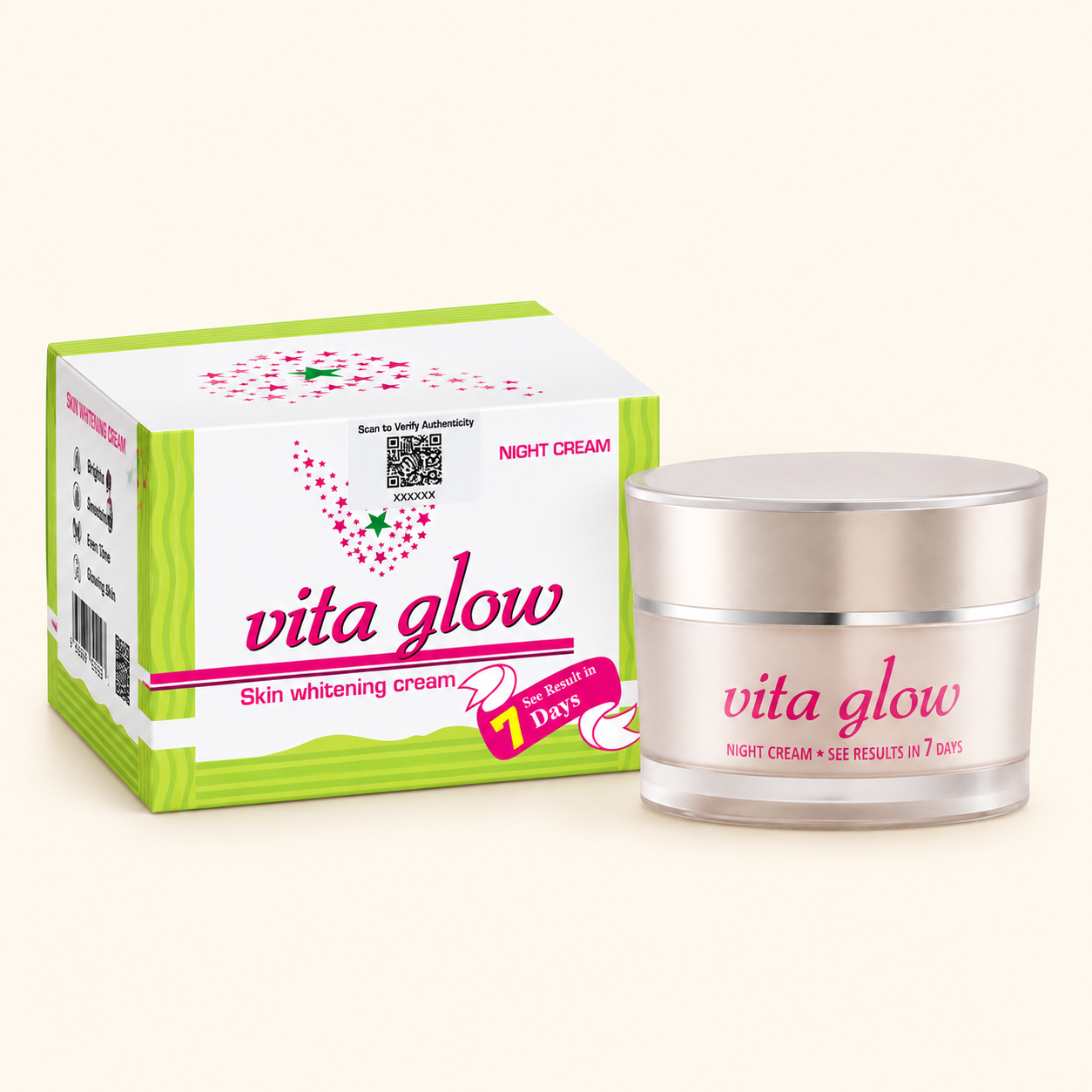 Vita Glow Night Cream jar beside its matching box on a warm ivory background